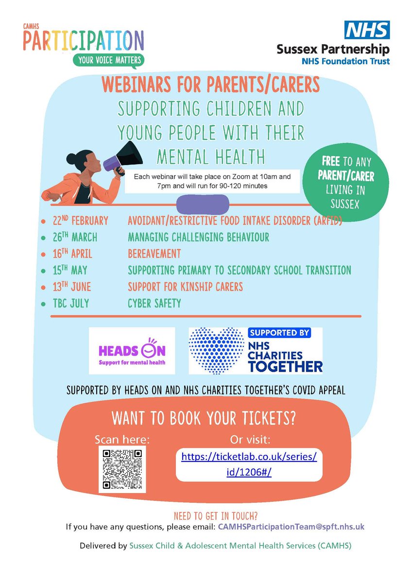 A new series of webinars to support parents and carers has been announced. The @SPFT_NHS CAMHS Participation team will be delivering sesions on disordered eating, challenging behaviour, cyber safety and more. Book online: ticketlab.co.uk/series/id/1206…