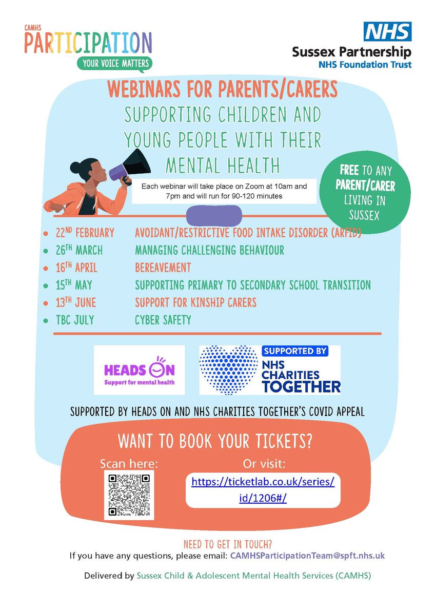 NHS Sussex News (@nhssussex) on Twitter photo A new series of webinars to support parents and carers has been announced. The <a href="/SPFT_NHS/">Sussex Partnership</a> CAMHS Participation team will be delivering sesions on disordered eating, challenging behaviour, cyber safety and more.
Book online: ticketlab.co.uk/series/id/1206… A new series of webinars to support parents and carers has been announced. The <a href="/SPFT_NHS/">Sussex Partnership</a> CAMHS Participation team will be delivering sesions on disordered eating, challenging behaviour, cyber safety and more.
Book online: ticketlab.co.uk/series/id/1206…