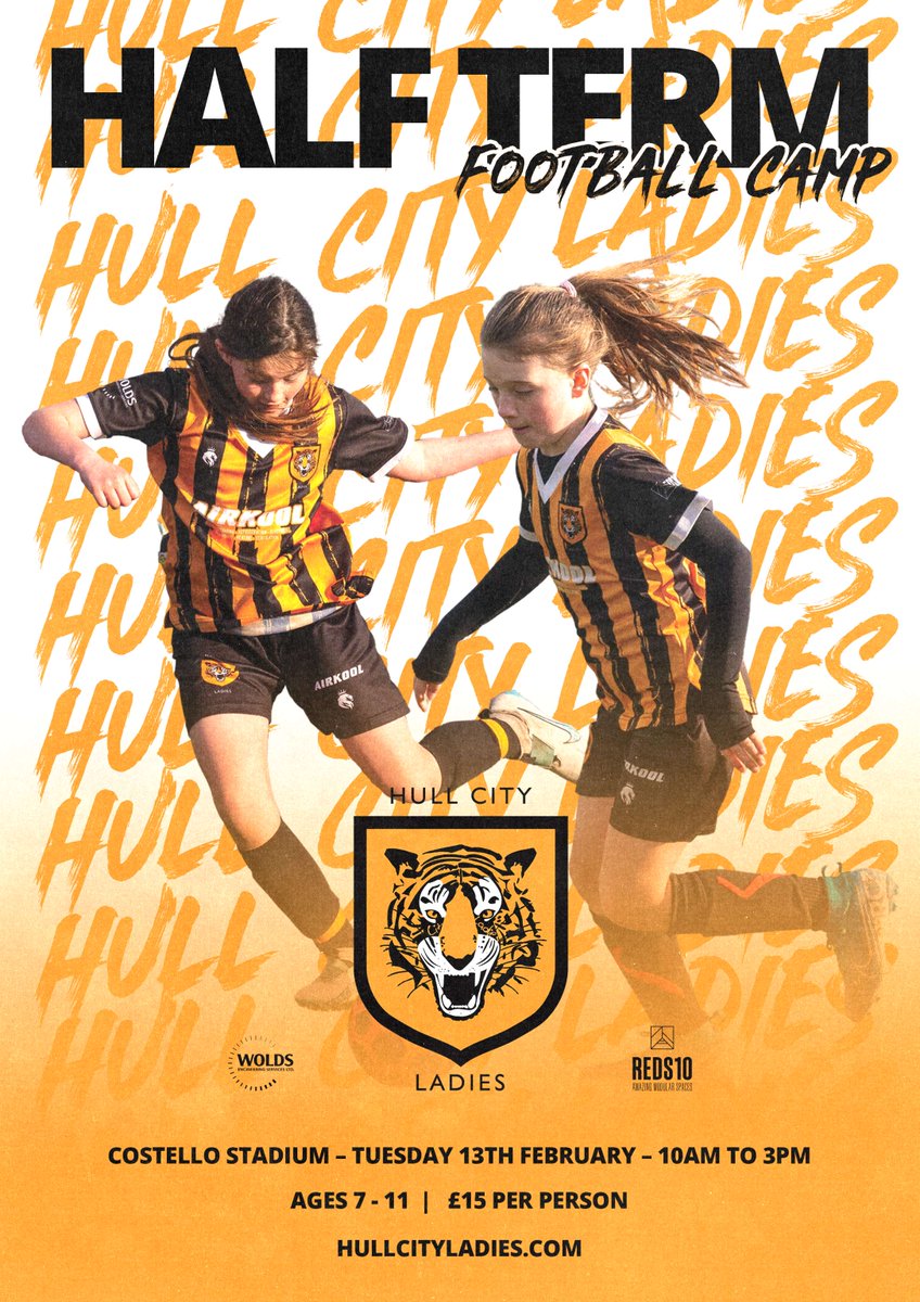 Why not take in a Hull City Ladies Holiday Camp, this Half Term! 🐯 Tuesday 13th February, 2024 - Costello Stadium: eventbrite.co.uk/e/hull-city-la… Thursday 15th February, 2024 - Woodford Leisure Centre: eventbrite.co.uk/e/hull-city-la… #HearUsRoar 🧡