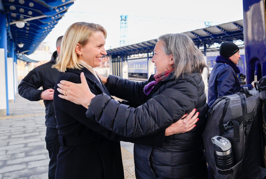 Ambassador Brink meets Victoria Nuland at the train terminal. 