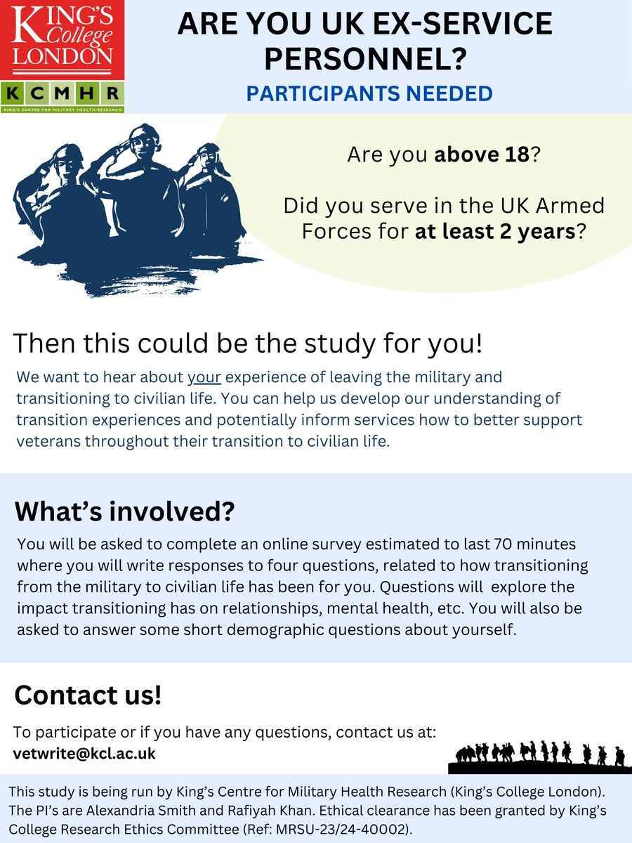 🗣️UK EX-SERVICE PERSONNEL🗣️ Have you served in the UK Armed Forces and want to take part in research to help us understand the transition experience of #UKExServicePersonnel after service? If so, please take part in our online writing task. Please contact: vetwrite@kcl.ac.uk
