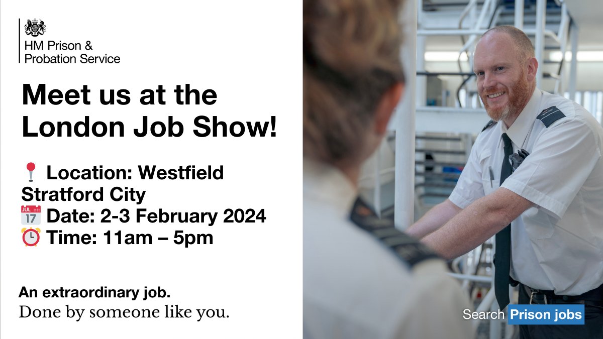 We'll be at the London Job Show! Chat to our staff about the variety of roles in the Prison Service and find out how to apply. More information about the free @londonjobshow here⬇️ londonjobshow.co.uk/stratford/