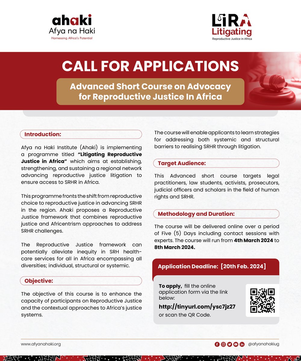 afyanahakiug's tweet photo. The 4th cohort of the advanced short course on advocacy for reproductive justice in Africa is here!

Are you passionate and dedicated to advancing reproductive justice across the continent? This well-curated course equips participants with the knowledge and skills needed to champion reproductive justice in the African context.
Apply via > https://t.co/Ja90sqQvuQ