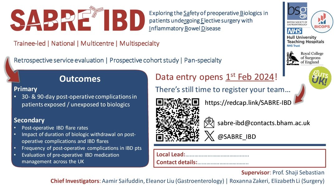 @SABRE_IBD study is launching TOMORROW!! 🥳 🎉 ❓ Safety of using advanced #IBD meds before elective operations *for all specialties* Pan-UK collaborative project, retro and prospective arms. Sign up here + template letter for local Audit Dept approval: redcap.link/SABRE-IBD