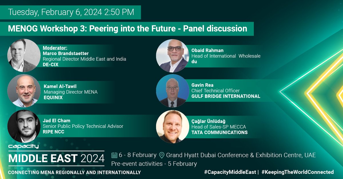 Meet us at #CapacityMiddleEast next week for #MENOG workshops with speakers from <a href="/ripencc/">RIPE NCC</a>, @linx_network, @ams_ix, @decix, @equinix, SAIX and more. We'll talk about peering, Internet resilience and how this can contribute to the digital economy.
events.capacitymedia.com/event/35187133…