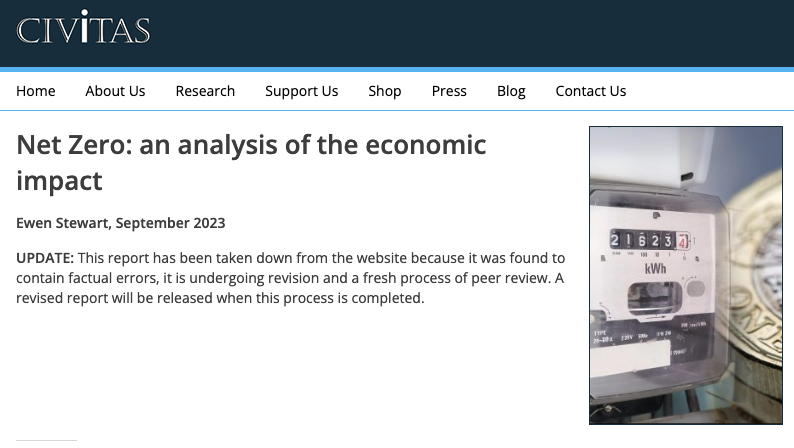 UPDATE

Last year, Tufton-street thinktank <a href="/Civitas_UK/">Civitas think tank</a> published a wildly wrong report on net-zero "costs"

The report was pulled, after its errors proved too embarrassing, pending "revision" &amp; "peer review"

Tragically, it still isn't fixed 🥹

Here's the report page today: