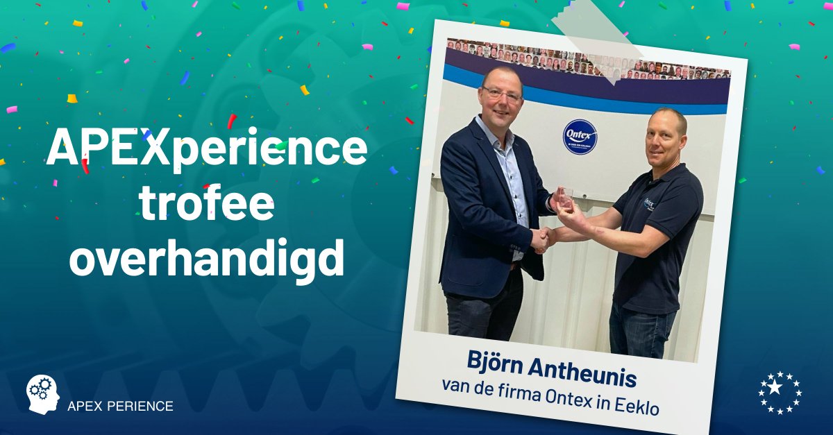 Onze directeur Thom van Oss heeft, zoals beloofd, de eerste APEXperience trofee uitgereikt aan Björn Antheunis. Gefeliciteerd Björn!

Björn Antheunis heeft als eerste de APEXperience volledig afgerond en behaald. Veel plezier met de mooie trofee op je bureau.