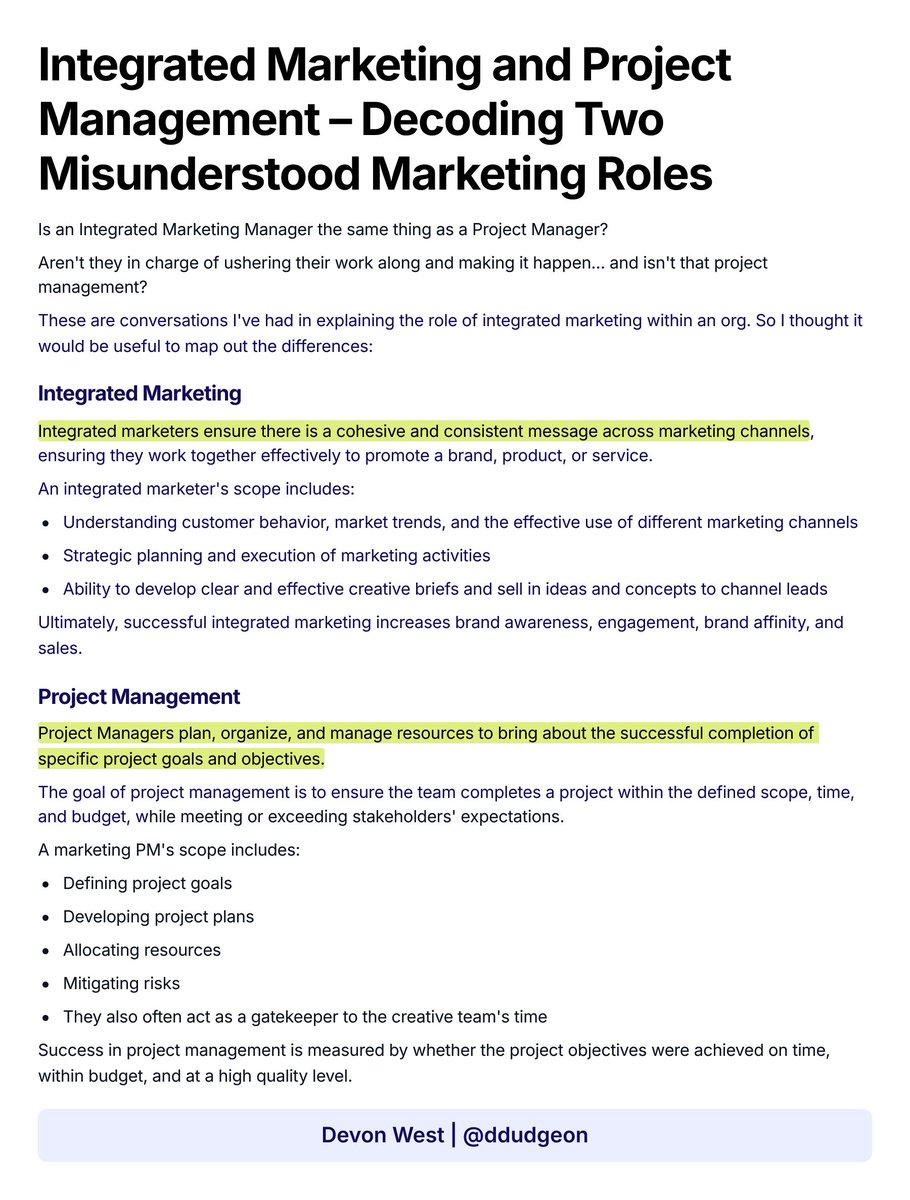 ddudgeon's tweet photo. Misunderstood marketing roles of the day - a quick explainer on the role of an Integrated Marketing Manager vs a Marketing Project Manager. https://t.co/Si2FpkL0D2