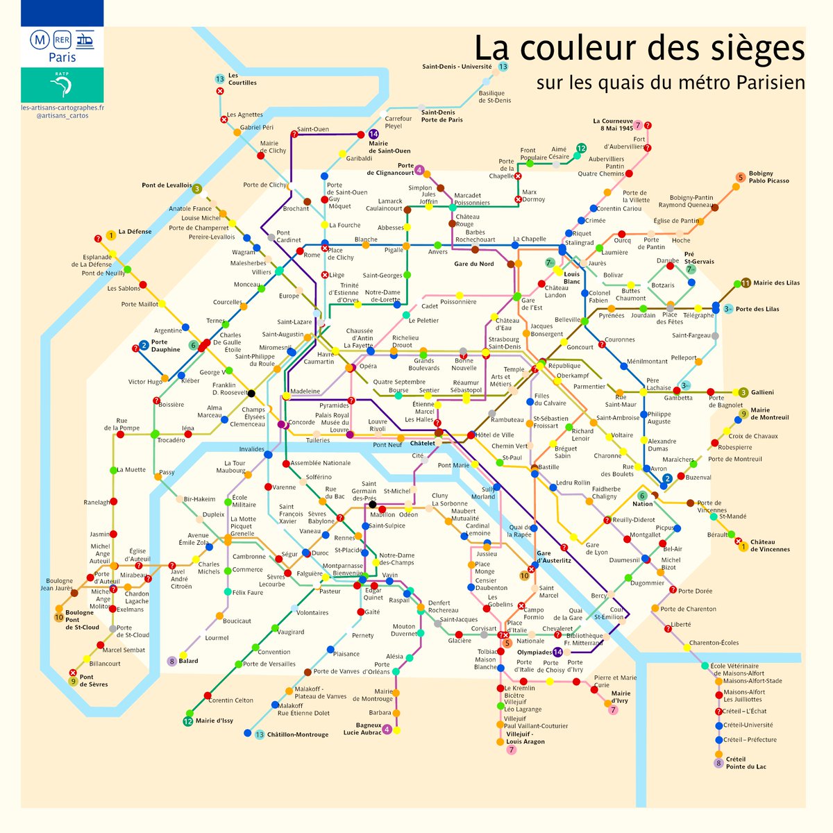 La carte qui manquait !
Celle de la couleur des sièges dans le métro parisien.
Merci Cartapaname ! #cartapaname