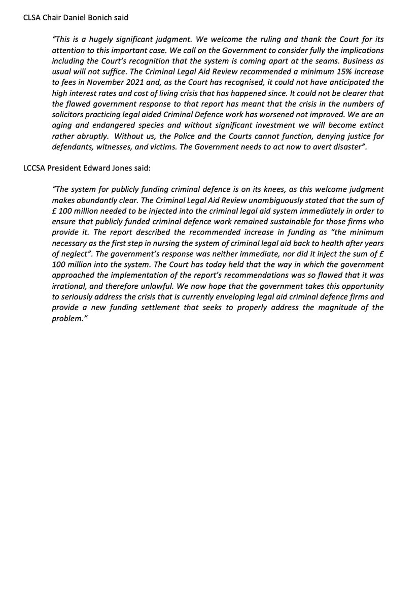 Press release! Thank you for the many solicitors who provided evidence to demonstrate the impact that the MOJs failure to heed the warnings of Bellamy have had on future of publicly funded criminal defence work.