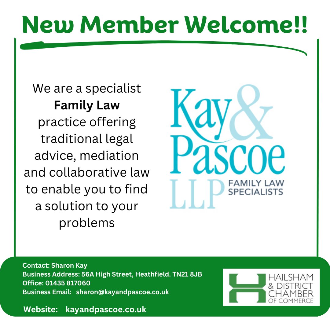 🔔We're delighted to welcome Sharon Kay from Kay &amp; Pascoe to our growing Chamber!🔔

Kay &amp; Pascoe are a specialist Family Law practice based in Heathfield offering traditional legal advice, mediation and collaborative law to enable you to find a solution to your problems.💥