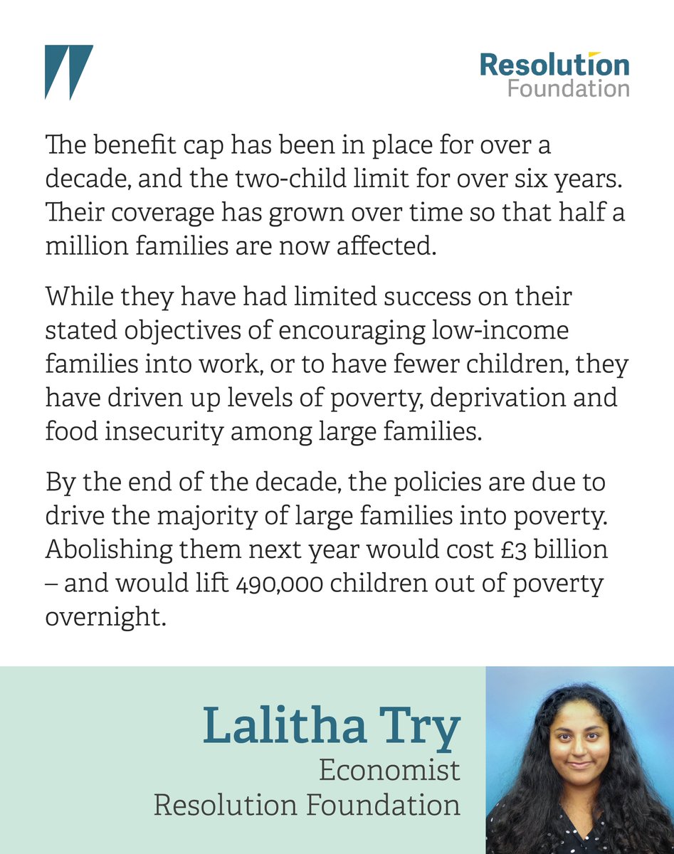 By the end of the decade, the benefit cap and two-child limit are due to drive the majority of large families into poverty. 

Abolishing them next year would cost £3 billion – and would lift 490,000 children out of poverty overnight. resolutionfoundation.org/publications/c…