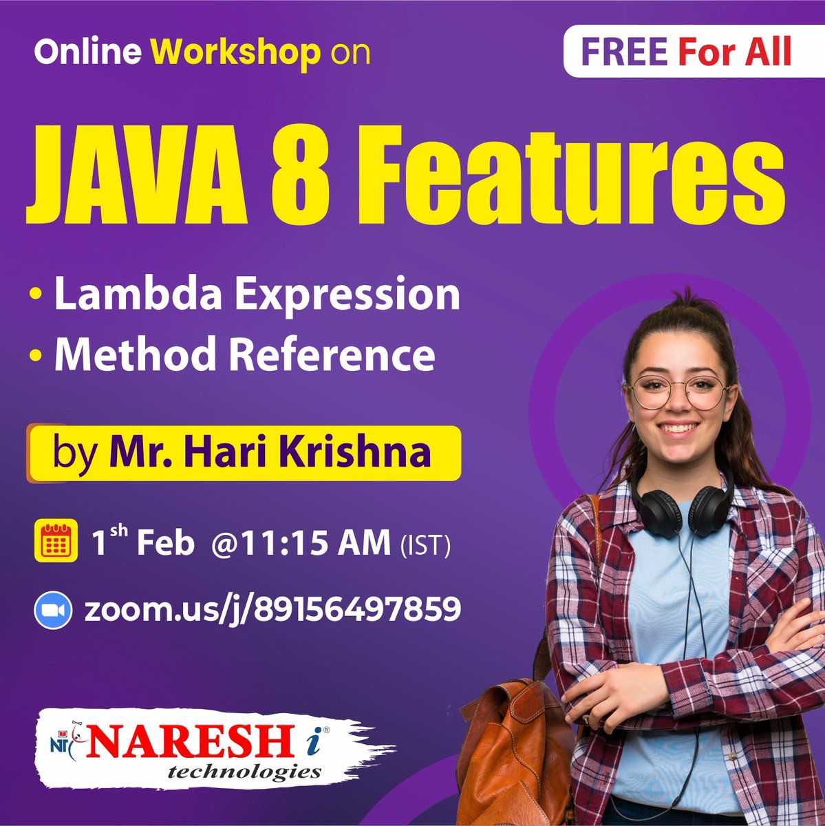 🛑 FREE FOR ALL 🛑
✍️Enroll Now: bit.ly/49g8Roh
👉Attend a Free Online Workshop on Java 8 Features by Mr. Hari Krishna.
📅Live On: 01st February @ 11:15 AM (IST)

#JAVA8 #fullstackjava #Corejava #java #programming  #selenium   #workshop  #python #sql #sqldatabase
