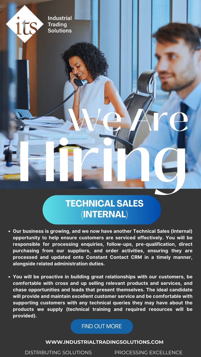 Looking for a new role or know somebody that is? Take a look at the ITS vacancy for Technical Sales (Internal) here: industrialtradingsolutions.com/wp-content/upl…

#wearehiring #internalsales #technicalsales #joinagreatteam