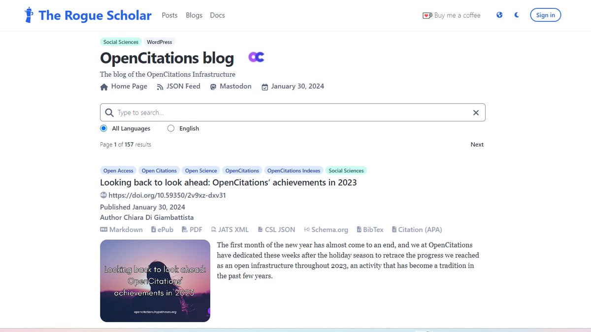 opencitations's tweet image. If you enjoy #OpenCitations contents on #OpenCitationsBlog and find them helpful for your research, please note that all our blog posts have a registered DOI and are indexed on the #RougueSholar archive: rogue-scholar.org/blogs/opencita…
