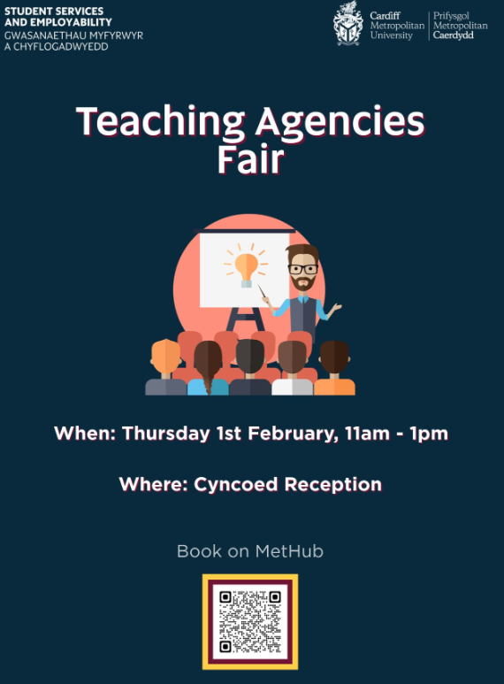Are you a @cardiffmet student/graduate interested in a career in #Education? Come to the Teaching Agencies Fair tomorrow, 11am-1pm at Cyncoed Campus. Chat with recruiters and current teachers to give yourself the edge when it comes to applying for part-time or graduate roles!