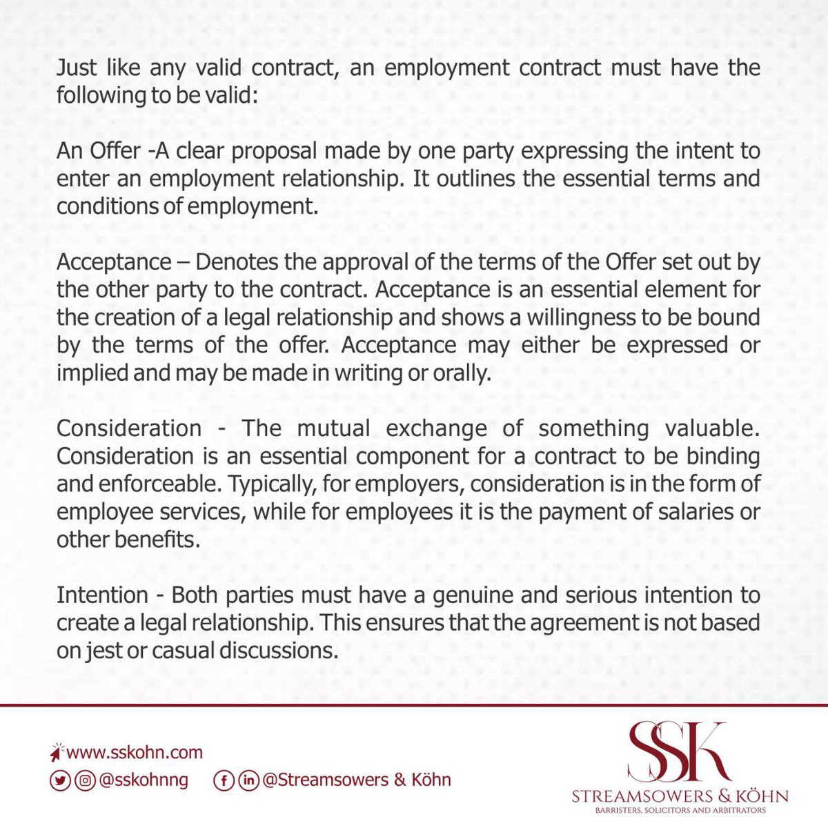 SSKohnNG's tweet image. Scope of Employment Contract

Swipe &amp;lt;&amp;lt;&amp;lt; for more details.

For more information, you may contact us by email at info@sskohn.com

#EmploymentContract #LabourLaw #WeAreSSK