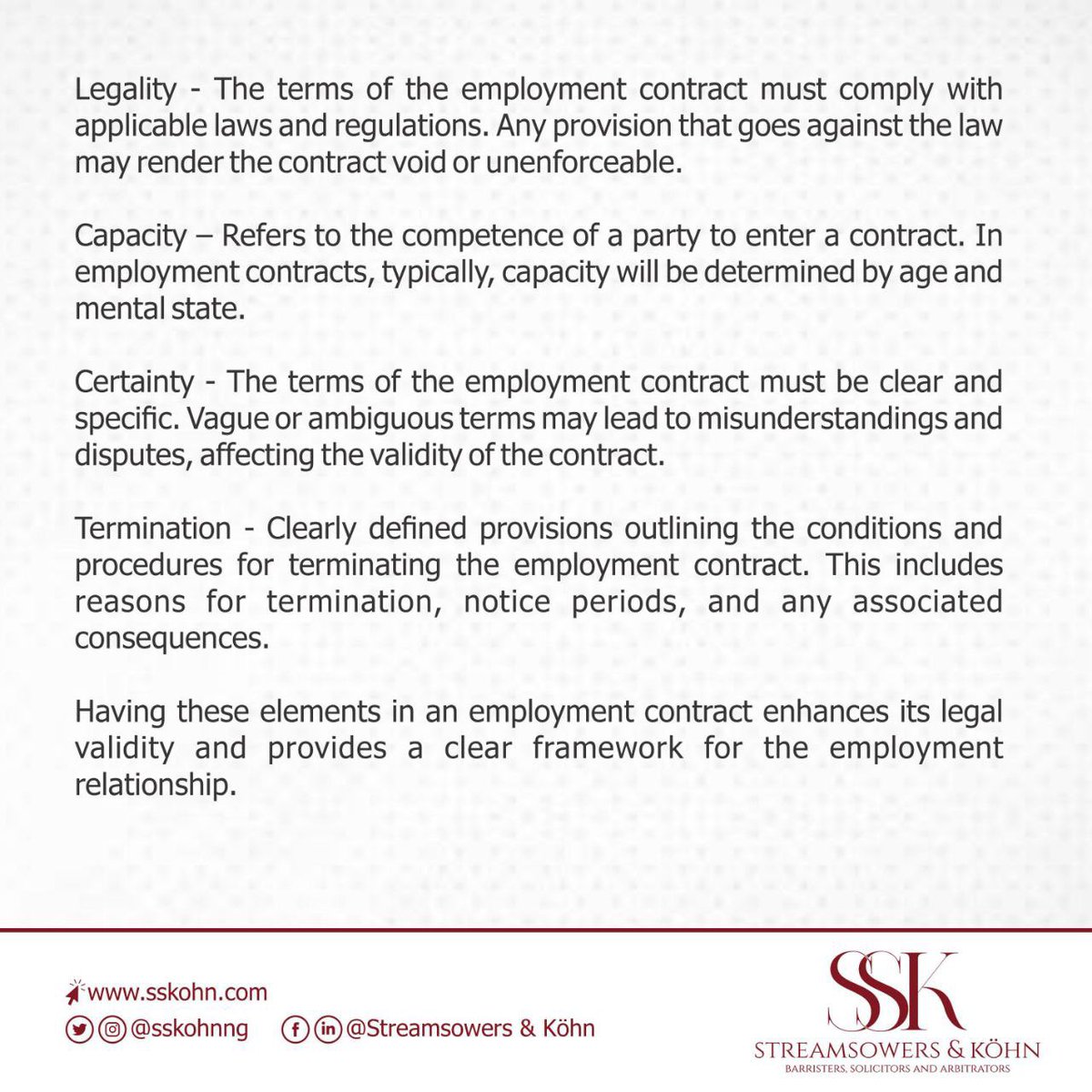 SSKohnNG's tweet image. Scope of Employment Contract

Swipe &amp;lt;&amp;lt;&amp;lt; for more details.

For more information, you may contact us by email at info@sskohn.com

#EmploymentContract #LabourLaw #WeAreSSK