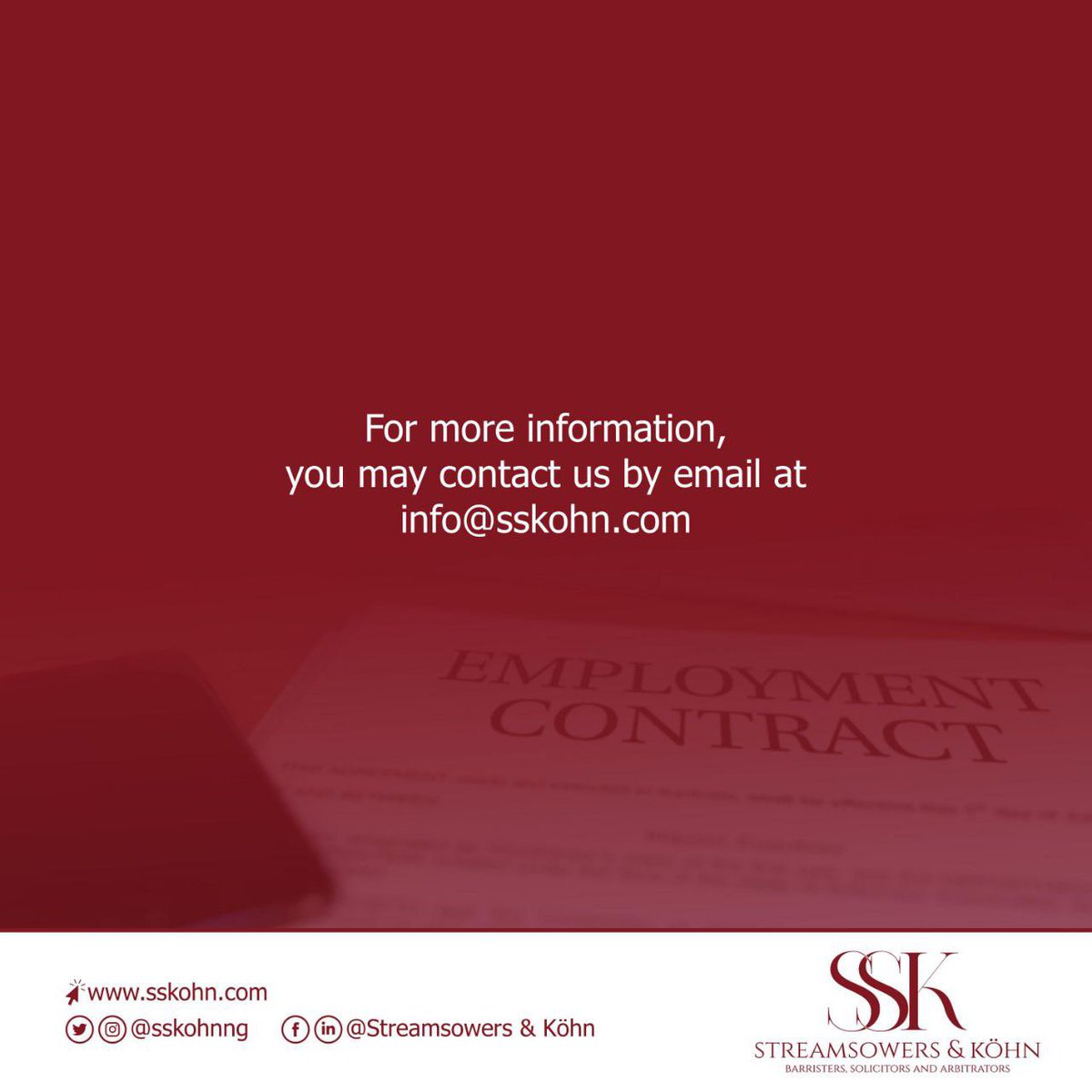 SSKohnNG's tweet image. Scope of Employment Contract

Swipe &amp;lt;&amp;lt;&amp;lt; for more details.

For more information, you may contact us by email at info@sskohn.com

#EmploymentContract #LabourLaw #WeAreSSK