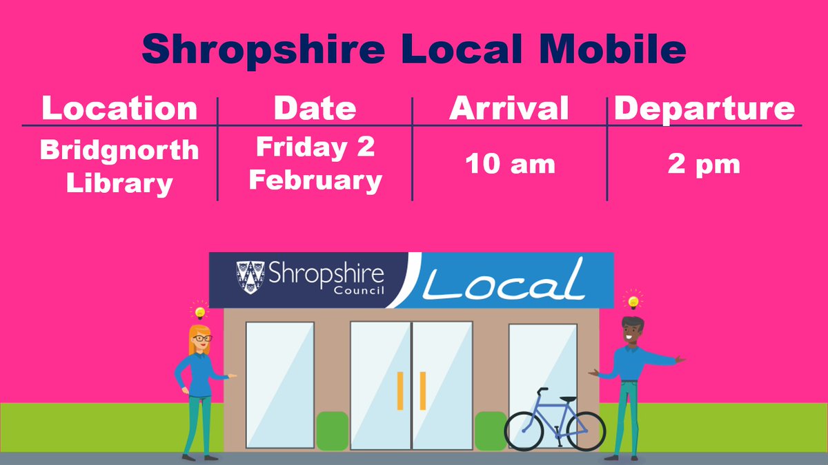 🏣 Our Shropshire Local Mobile service will be at #Bridgnorth Library this Friday 2 Feb. 🙂 Advisors will be on hand to help with enquiries from concessions to council tax & housing support, as well as many other services too. 👉Find your nearest Local: orlo.uk/NaVGE