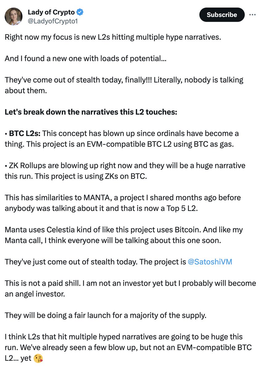 0xadriandefi's tweet photo. @LadyofCrypto1 @MacnBTC Chapter 2: Influencer Mania

The hype intensifies as figures like @LadyofCrypto1 and @milesdeutscher champion SatoshiVM. 

But it's not about innovation for them, it's about profit. 

A reminder that a big following doesn't always mean trustworthiness. https://t.co/2ZGaraUo6k