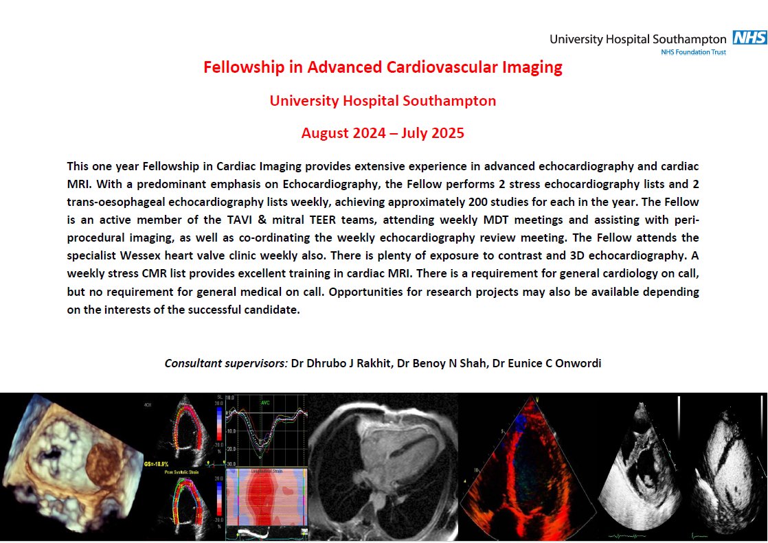 *Fellowship in Cardiac Imaging* This post will be advertised soon on NHS Jobs website Ideal for ST7 trainees, could be suitable for ST6 depending on prior imaging experience BSE/EACVI TTE accreditation essential, some prior TOE / SE experience desirable Commences August '24