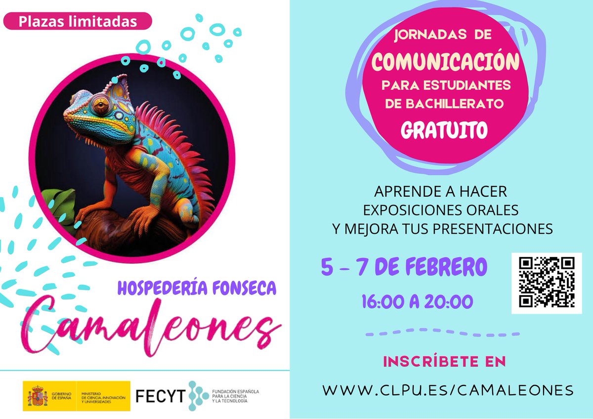 clpu_icts's tweet photo. ATENCIÓN! ¿Eres estudiante de bachillerato y quieres mejorar tus habilidades comunicativas? No te pierdas las jornadas 'Camaleones', del 5 al 7 de febrero de 16 a 20h en la Hospedería Fonseca. Gratuitas! Si os interesa inscribiros aquí 👇
https://t.co/gUd3hJwkbQ https://t.co/HB77hbo5o0