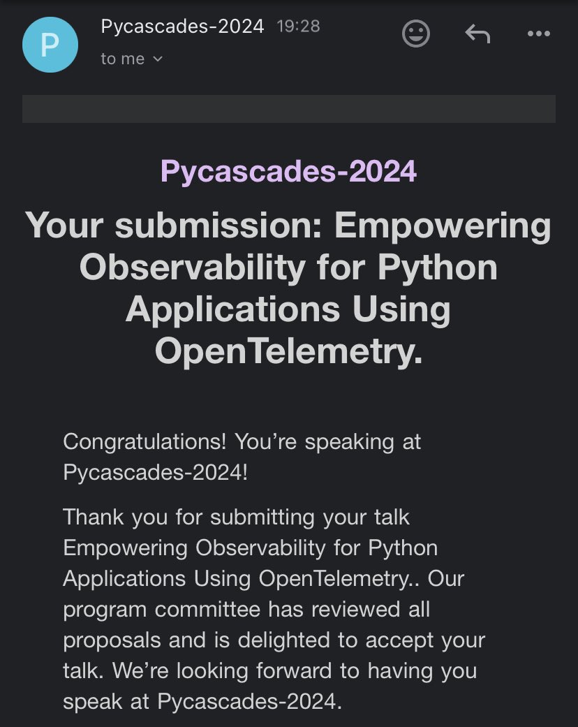 Excited to share that I will be speaking at @pycascades in Seattle this year. Let's empower our Python applications and make devs excited about observability and #OpenTelemetry 😄 

2024.pycascades.com
