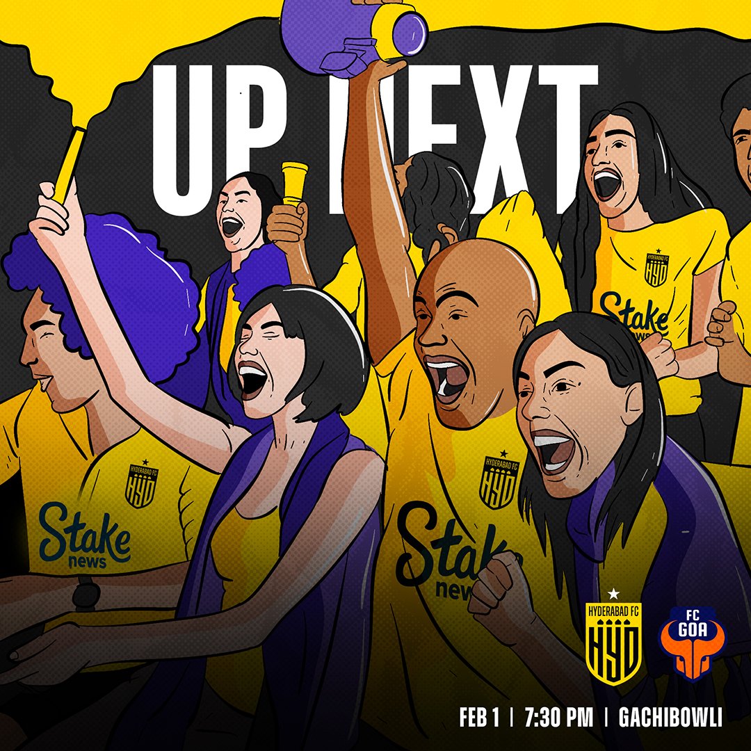 Hyderabad FC (@hydfcofficial) on Twitter photo 🤩 Back in front of the Yellow and Black 💛🖤
🔜 <a href="/IndSuperLeague/">Indian Super League</a> Matchweek 1️⃣2️⃣!
🆚️ FC Goa
🗓️ Thursday, 1st February
🏟️ Gachibowli Stadium
📍 Hyderabad
🕢 7:30pm IST
🎟 bit.ly/HFCTicketsISL10
🖥 <a href="/Sports18/">Sports18</a>, <a href="/Vh1India/">Vh1 India</a> & <a href="/JioCinema/">Jio Cinema</a>
#HFCFCG #ISL10 #TheNawabs | 🤩 Back in front of the Yellow and Black 💛🖤
🔜 <a href="/IndSuperLeague/">Indian Super League</a> Matchweek 1️⃣2️⃣!
🆚️ FC Goa
🗓️ Thursday, 1st February
🏟️ Gachibowli Stadium
📍 Hyderabad
🕢 7:30pm IST
🎟 bit.ly/HFCTicketsISL10
🖥 <a href="/Sports18/">Sports18</a>, <a href="/Vh1India/">Vh1 India</a> & <a href="/JioCinema/">Jio Cinema</a>
#HFCFCG #ISL10 #TheNawabs |