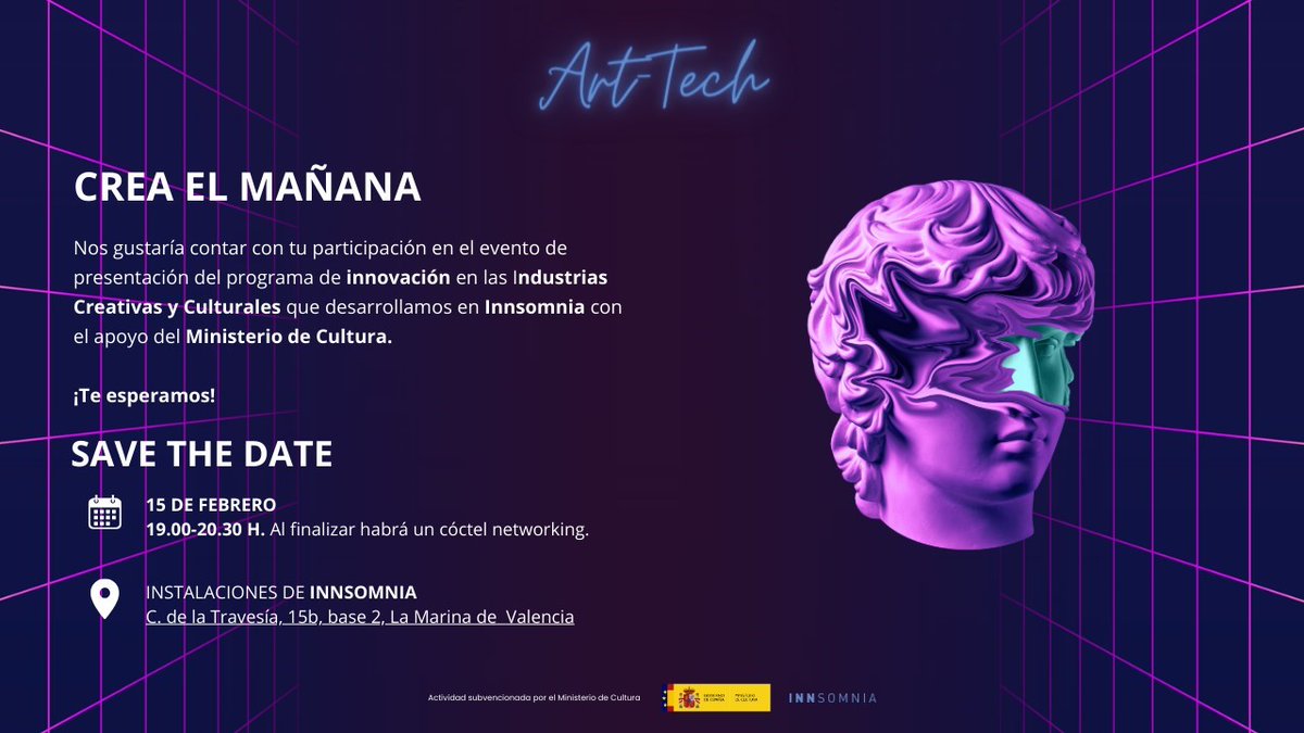 València Innovation Ecosystem (@vlciecosystem) on Twitter photo 🎨 Desde <a href="/Inn_Somnia/">Innsomnia Accelerator</a> lanzan una llamada a proyectos tecnológicos para revolucionar las Industrias Culturales y Creativas.
📌 Conoce más sobre el programa de Art-Tech el próximo 15 de febrero.
📩 Convocatoria abierta hasta el 15 de marzo 👉 innsomnia.es/es/art-tech.ht… 🎨 Desde <a href="/Inn_Somnia/">Innsomnia Accelerator</a> lanzan una llamada a proyectos tecnológicos para revolucionar las Industrias Culturales y Creativas.
📌 Conoce más sobre el programa de Art-Tech el próximo 15 de febrero.
📩 Convocatoria abierta hasta el 15 de marzo 👉 innsomnia.es/es/art-tech.ht…