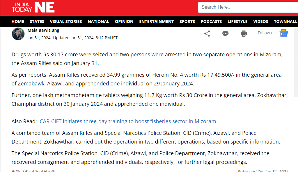 JohnnyMeetei's tweet photo. Drugs worth Rs 30.17 crore seized in two separate operations in #Mizoram.@Lal_Duhoma ji Mizoram is getting famous?It is high time not only fencing #Myanmar border but @AmitShah ji must fence also Mizoram borders with other states to save #India's youth. #SAVEYouths #FenceMizoram https://t.co/DbInizP2gO