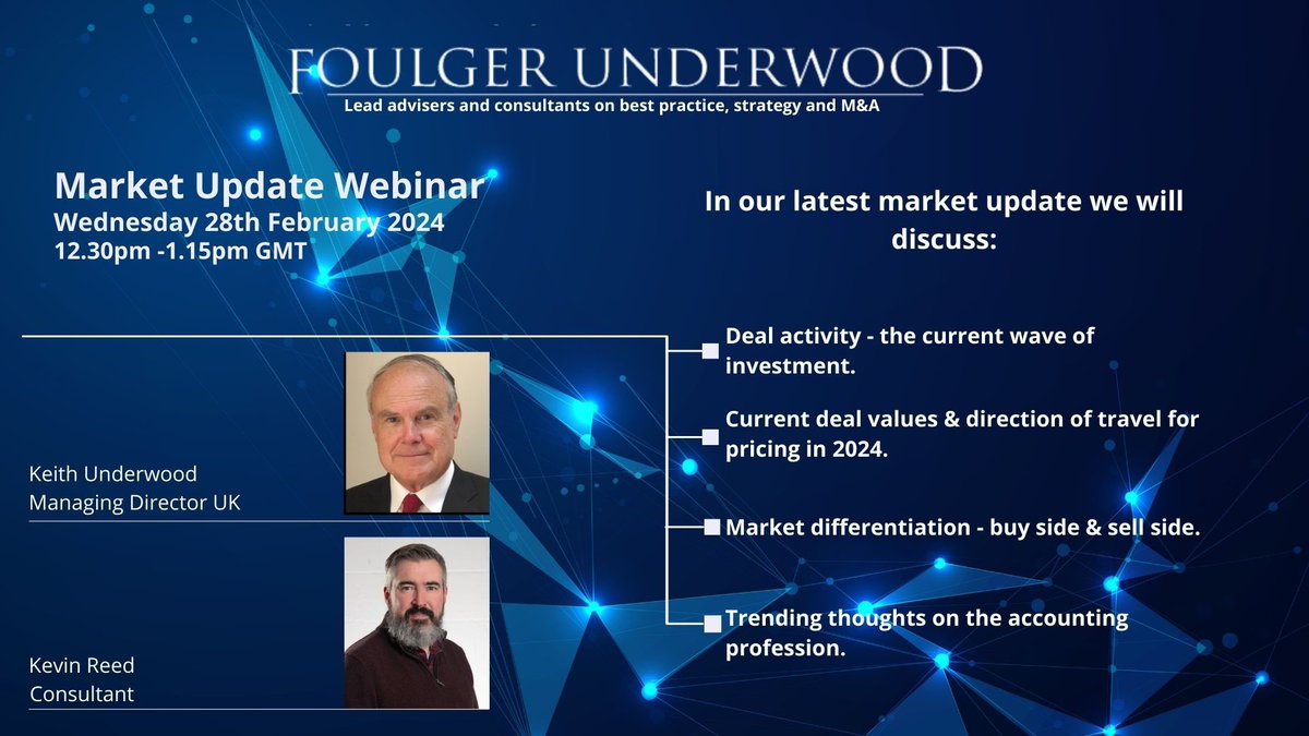 Another <a href="/FoulgerUK/">Foulger Underwood</a> Accountancy M&amp;A Market Update webinar is upon us! I’m presenting with Keith Underwood on the latest happenings in the market for #accountancy practices.
Weds 28 Feb at 1230pm. Reg link below. See you there!

us02web.zoom.us/webinar/regist…