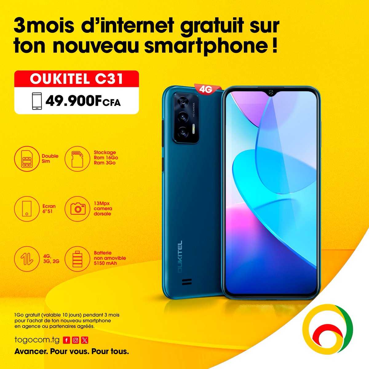 YasTogo's tweet photo. Dรฉcouvre le tout nouveau Smartphone Oukitel C31 avec 3 mois dโinternet gratuit* ! ๐
Vite rendez-vous ร lโagence TOGOCOM la plus proche pour tโoffrir ton nouveau Smartphone Oukitel C31 ร un prix abordable de 49 900F. ๐
#PromoDevice #Togocom #4G #PromoDevice #OukitelC31 https://t.co/X5IGr3YICA