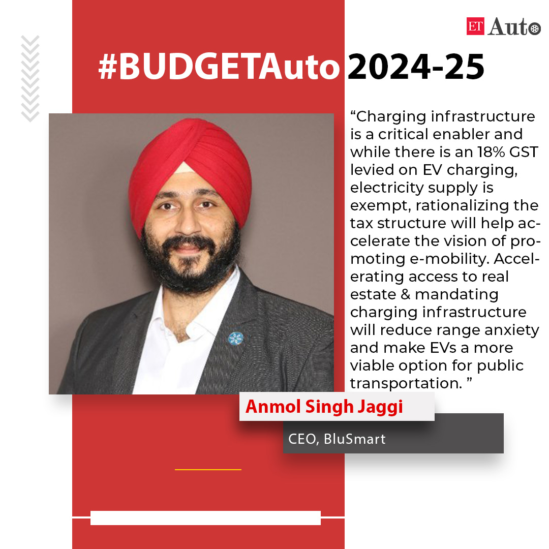 #BudgETAuto 2024-2025, <a href="/AnmolJaggi/">Anmol Singh Jaggi</a>, CEO, <a href="/BluSmartIndia/">BluSmart</a>, says “Charging infra is a critical enabler and while there is an 18% GST levied on EV charging, electricity supply is exempt, rationalizing the tax structure will help accelerate the vision of promoting electric mobility."