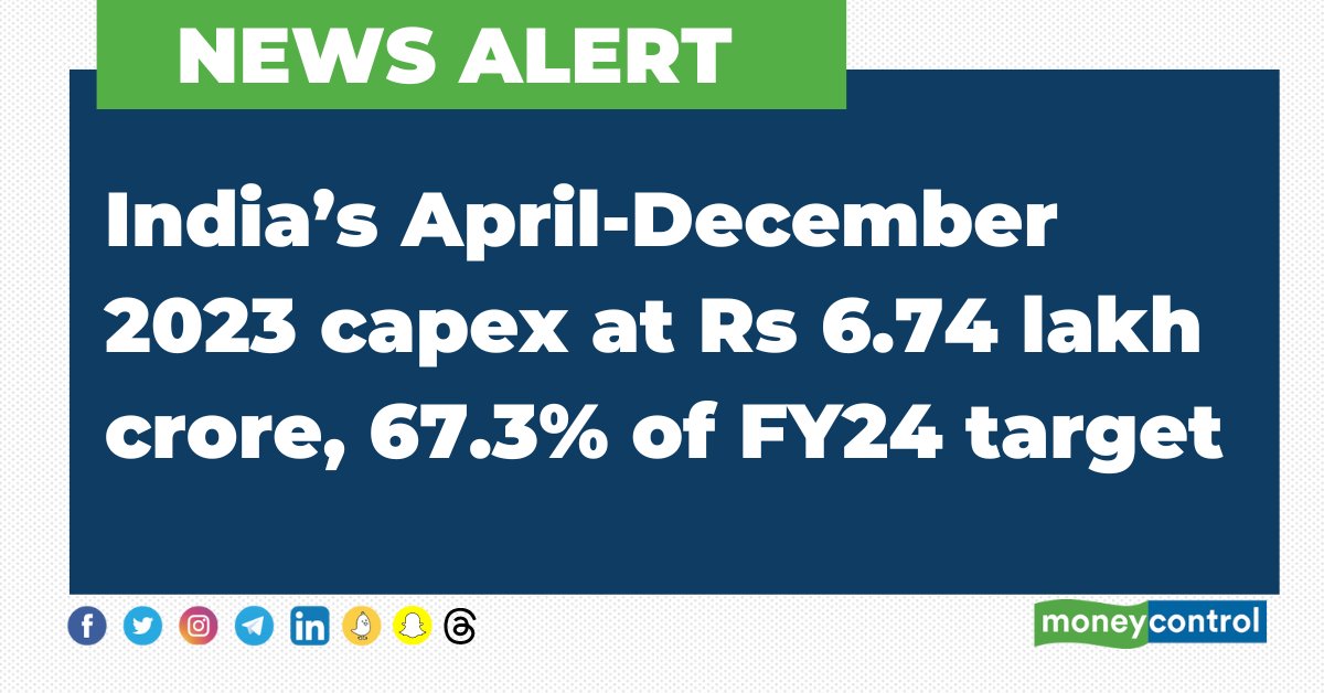 #NewsAlert 🚨 India’s April-December 2023 capex at Rs 6.74 lakh crore, 67.3% of FY24 target

#Capex #CapitalExpenditure