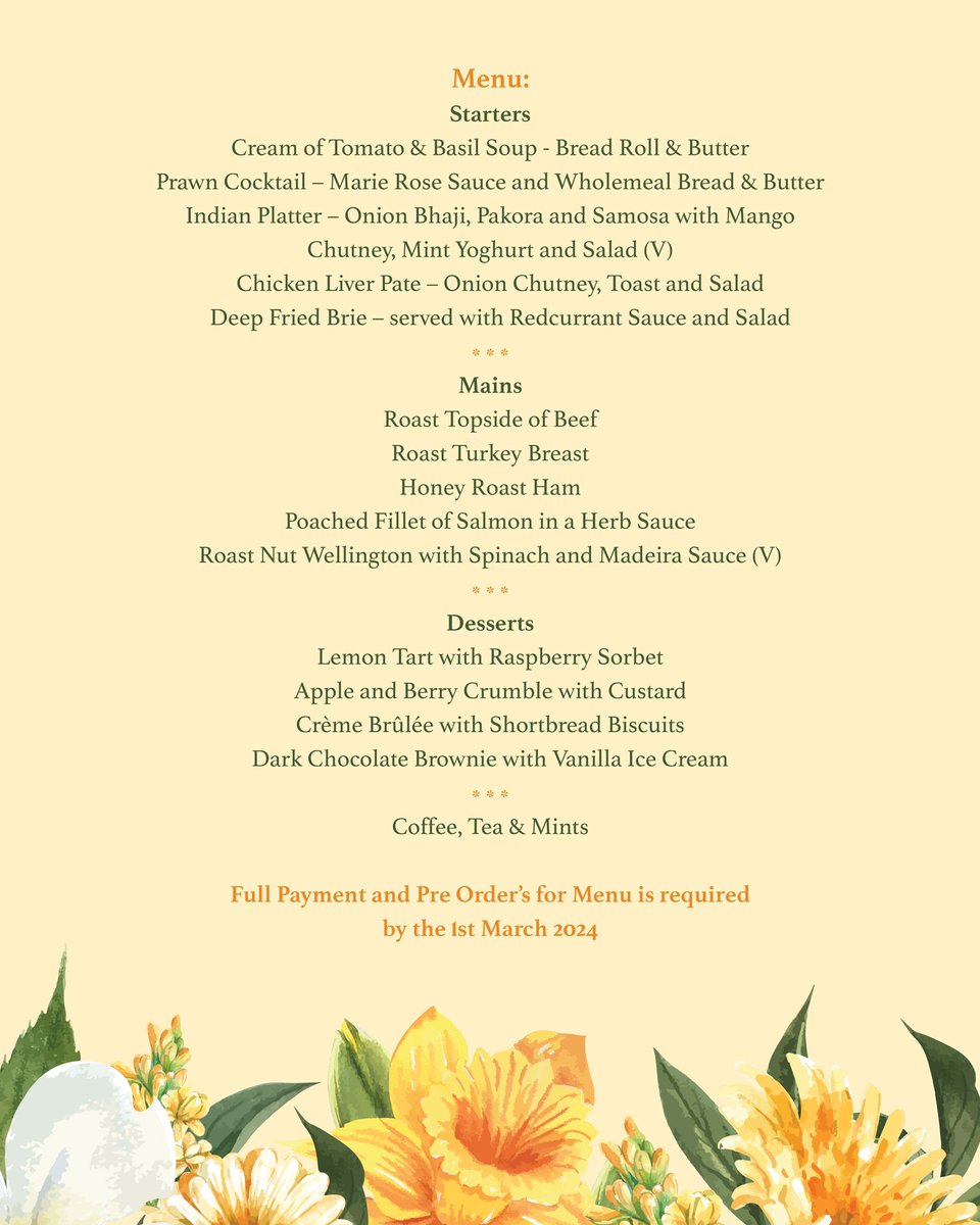 💐We are now taking bookings for Mother’s Day Lunch on Sunday 10th March. Call us during office hours to make your reservation on 01427 613088, option 1. Tables available between 12.00 - 14.30 pm. Prices per adult start from £28.00 per adult and from £24.00 per child under 10.💐