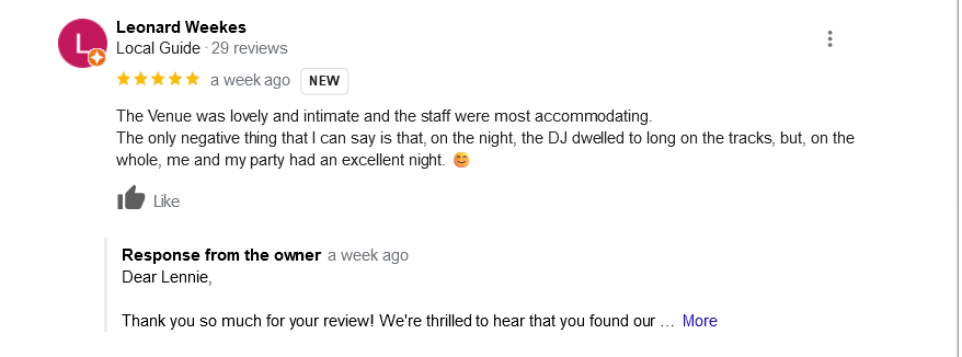 functionroome4's tweet photo. We're thrilled to receive another glowing 5-star review from Lennie! Thank you for your kind words about our venue and staff!🎉

If you are interested in planning your special occasion at The Function Room, call us on 0208 281 0392

#HighamsPark #Chingford #BarForHire #PartyVenue https://t.co/XukoxKeCPs