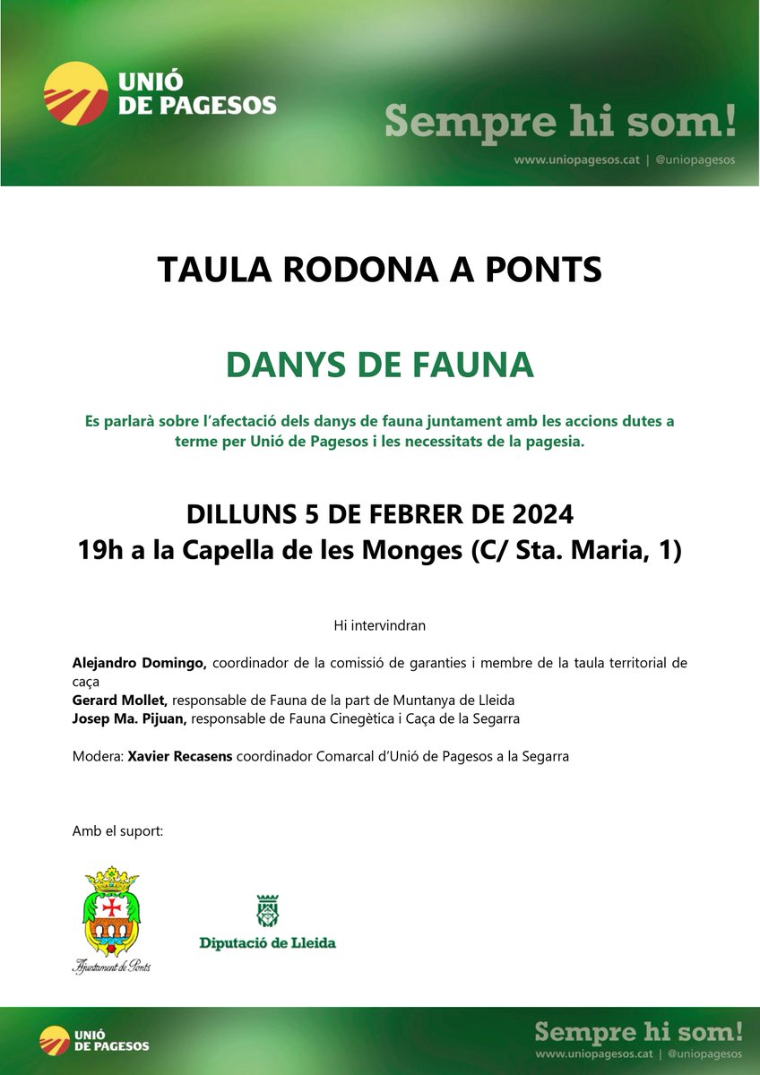 uniopagesos's tweet image. 🐰Taula rodona sobre danys de fauna a #Ponts (Noguera)
✅@uniopagesos exposarà les accions dutes a terme pel sindicat.
✅Debatrem afectació dels danys i necessitats de la pagesia.
📆Dilluns, 5 de febrer, a la Capella de les Monges, a les 19 h.