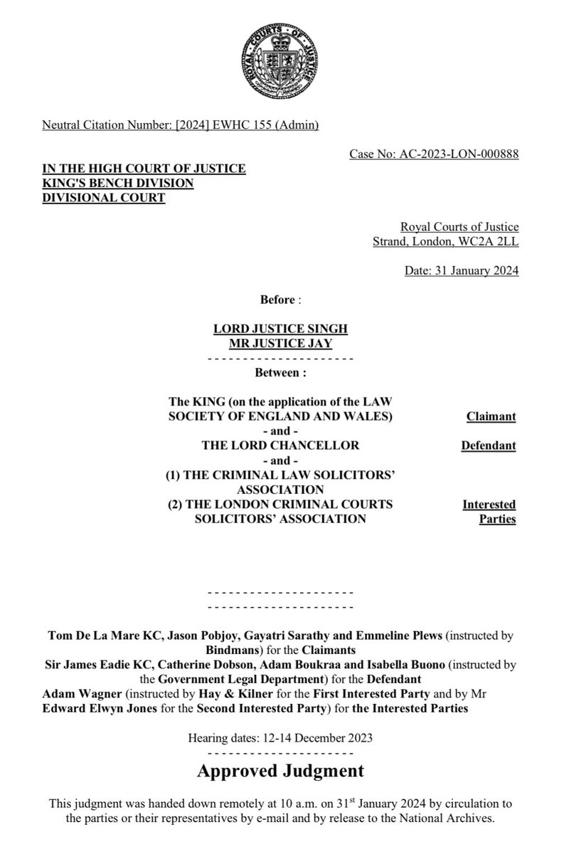 R (on the application of <a href="/TheLawSociety/">The Law Society</a> v The Lord Chancellor [2024] EWHC 155 (Admin) - interested parties: <a href="/CrimeSolicitors/">CLSA</a> &amp; <a href="/lccsa/">LCCSA</a> 

Success for The Law Society who have successfully judicially reviewed the Lord Chancellor’s decision following the Criminal Legal Aid Review