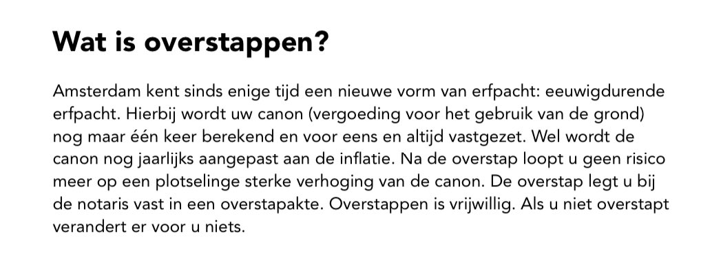 <a href="/erfpacht_SEBA/">Stichting Erfpachters Belang Amsterdam (SEBA)</a> <a href="/telegraaf/">De Telegraaf</a> <a href="/VisserMarlou/">Marlou Visser 😼</a> Folder van gemeente waarin staat “Als u niet overstapt verandert er voor u niets”. Ze vermelden niet dat bij niet overstappen grondprijs 73% hoger is gemaakt, rekenmethode is veranderd en ze rechtszaken plannen om taxateurs te dwingen hierin mee te gaan.
assets.amsterdam.nl/publish/pages/…