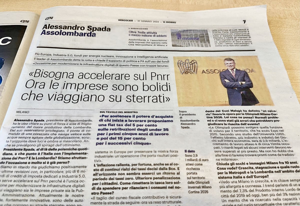 Più #Europa, #Industria40, una politica energetica che renda il Paese autosufficiente, lotta all’evasione fiscale e contributiva e recuperare la fiducia dei giovani. L’intervista del Presidente di Assolombarda @ASpada_ oggi #31gennaio nello speciale #TopAziende @qn_giorno su…