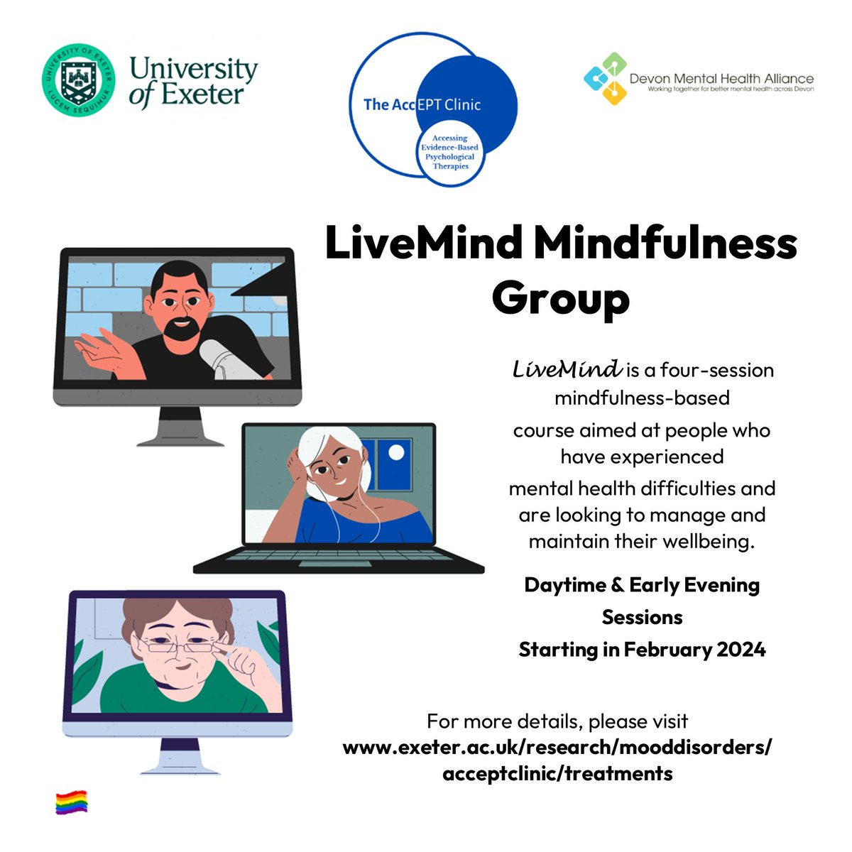 Accept Clinic (@acceptclinic) on Twitter photo Now recruiting - a 4 session mindfulness-based course starting in February. This FREE therapy is available to people in Devon over 18
A self-referral form can be found at exeter.ac.uk/research/moodd… in the Recovery & Resilience section
#Mindfulness #Devon #MentalHealthSupport Now recruiting - a 4 session mindfulness-based course starting in February. This FREE therapy is available to people in Devon over 18
A self-referral form can be found at exeter.ac.uk/research/moodd… in the Recovery & Resilience section
#Mindfulness #Devon #MentalHealthSupport