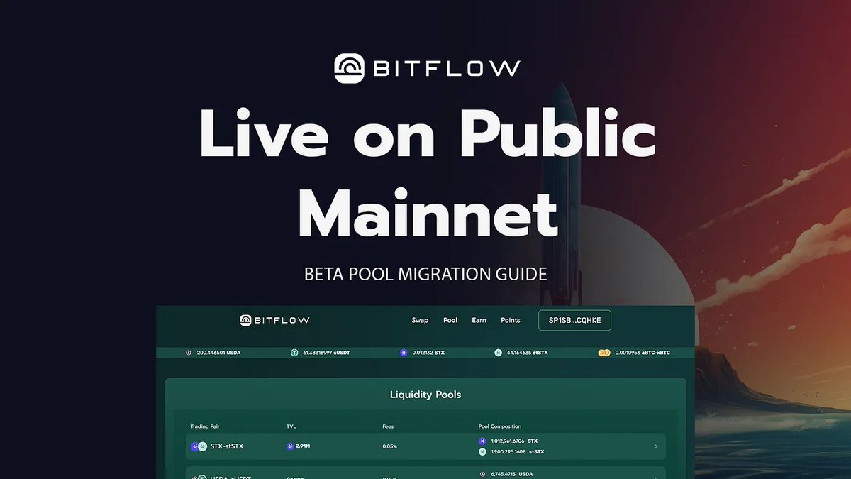 Pack your bags Surfer!🏄‍♂️ it's time to Migrate! In this thread we will go over How to move your LP tokens from “Beta” to “Active” Pools!

Thank you for participating in <a href="/bitflow/"></a>'s Beta Program! Migrate your liquidity to Active Pools to unlock points, NFTs and to keep
