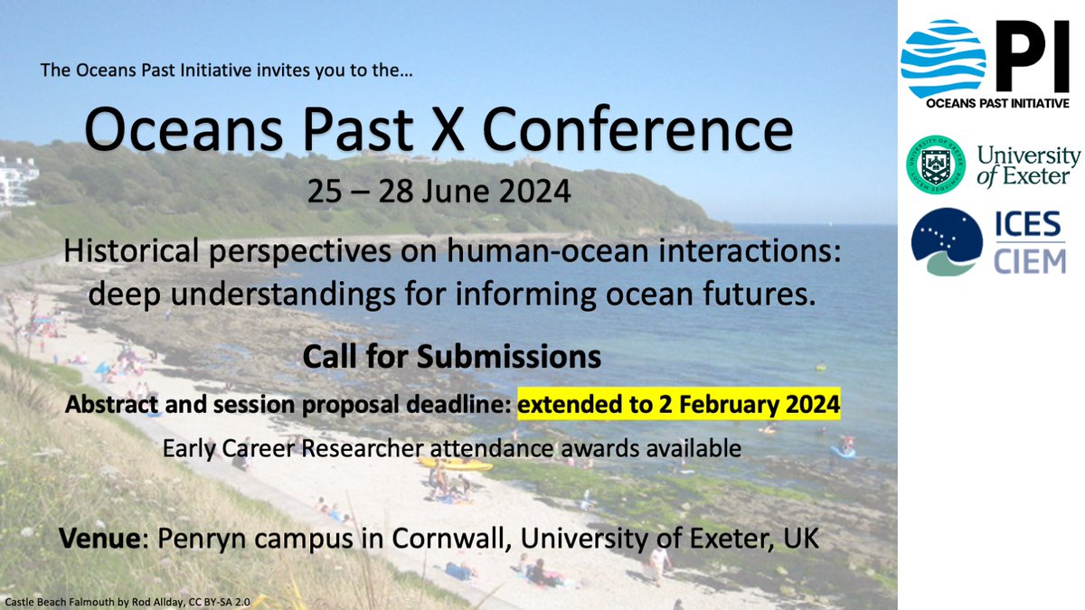 LAST CHANCE to submit an abstract and requests ECR funds for our interdisciplinary @oceans_past conference in #Cornwall, June 2024! Submit abstracts to info@oceanspast.org by 2 Feb. More information on our website: oceanspast.org/opx.php @ExeterMarine @UniExeCEC @ICES_ASC