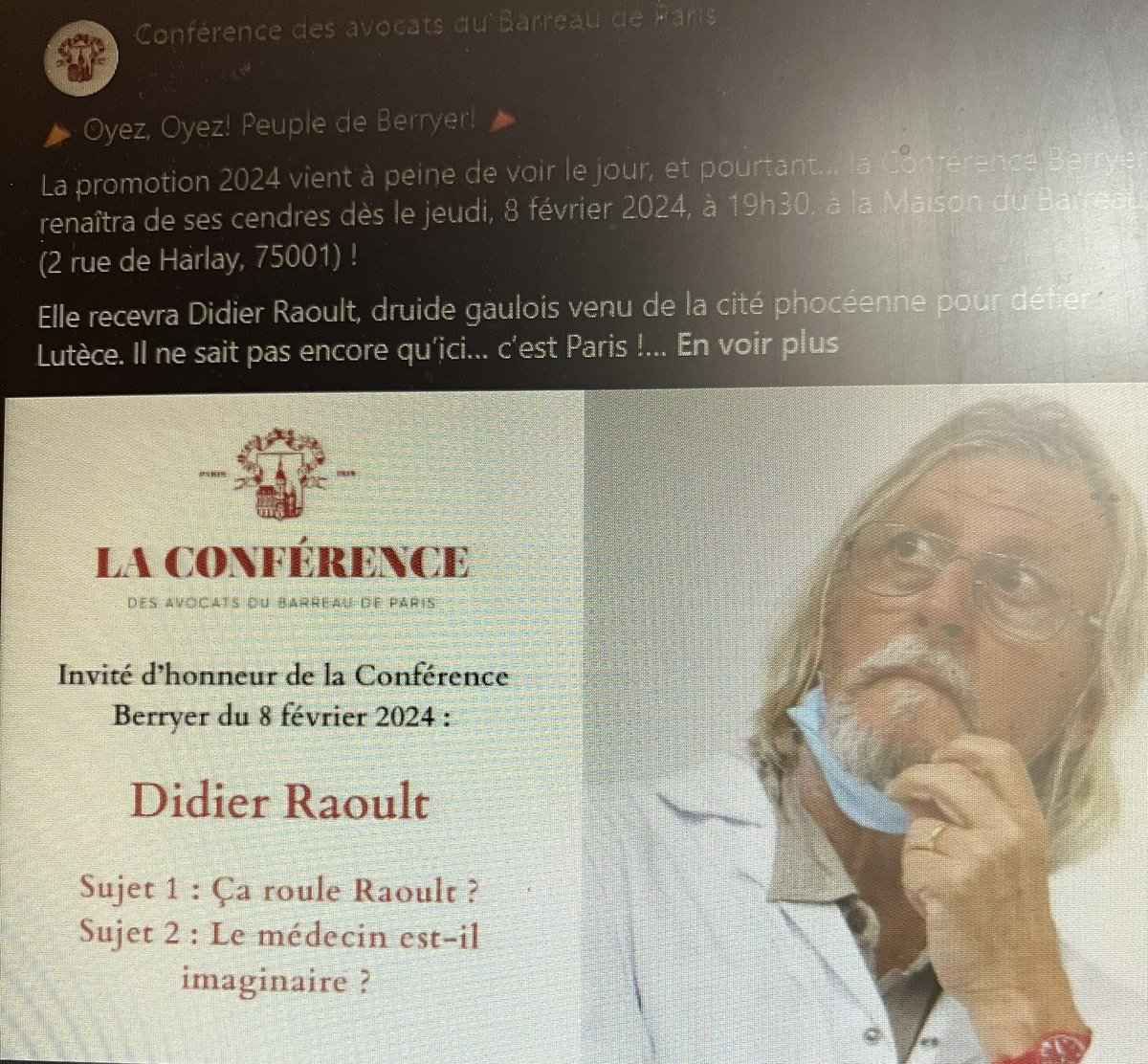 cynorrhodons's tweet photo. Non mais sérieux ??
Une berryer avec Raoult comme invité d’honneur ?
J’ai rien contre le subversif mais là c’est plus que limite et le texte d’accroche qui se veut drôle sur un truc qui ne l’est pas du tout. https://t.co/ElGNENw0T2