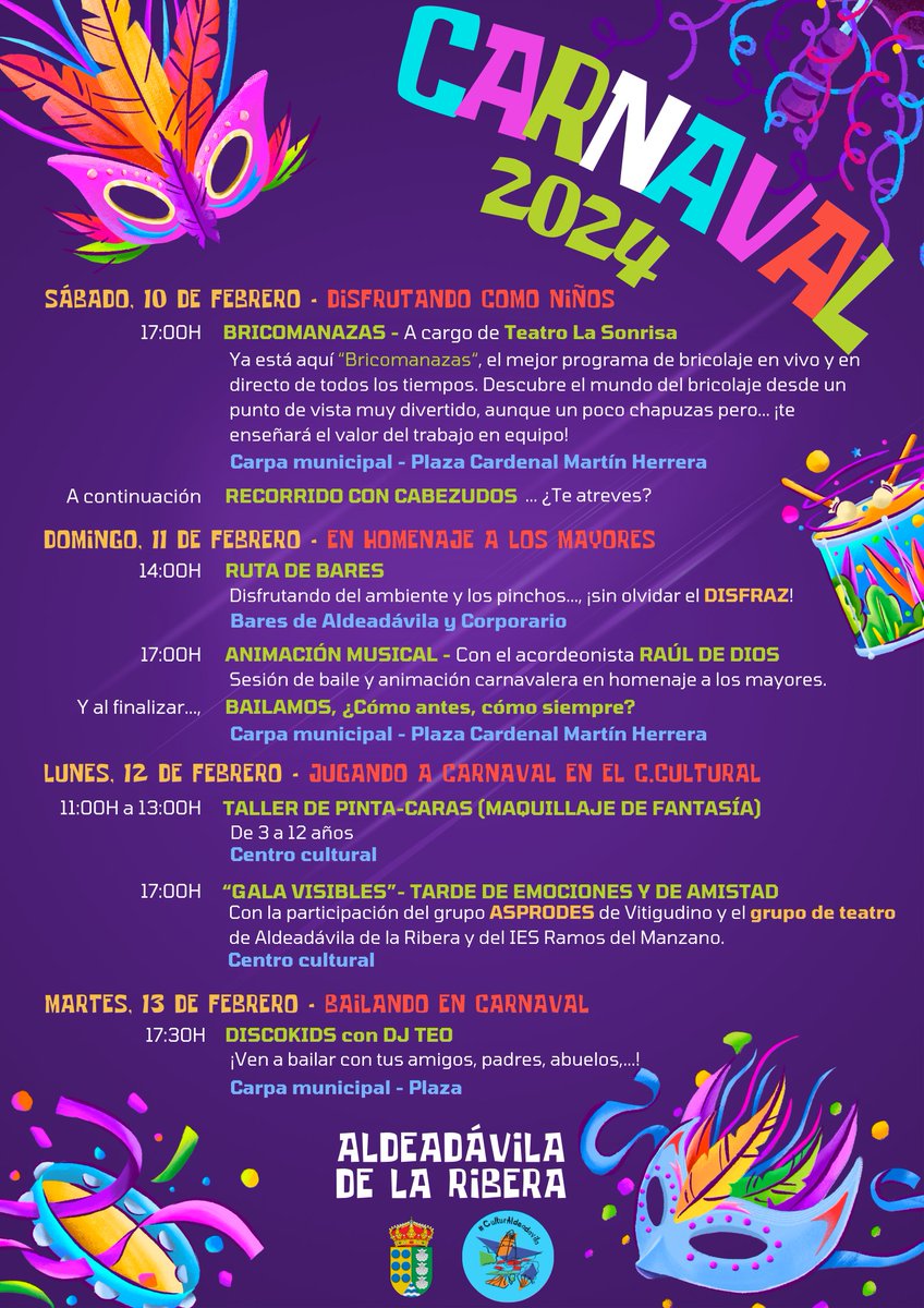 🎉¡CARNAVALES 2024!🎉

Los días 10, 11, 12 y 13 de febrero te esperamos para disfrutar del 🤡CARNAVAL🤡 en Aldeadávila de la Ribera. 

¿Te los vas a perder?😉

👉🏼Echa un vistazo al cartel y no te dejes escapar ningún evento. 

🎉¡Te esperamos!🎉