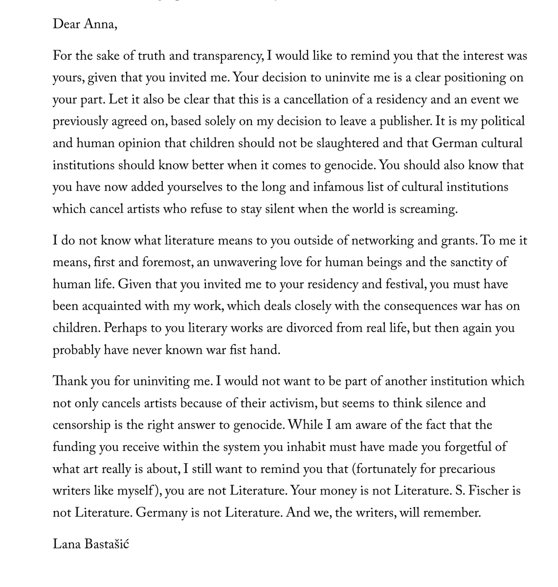 helen_charman's tweet photo. 'I still want to remind you that (fortunately for precarious writers like myself), you are not Literature. Your money is not Literature. S. Fischer is not Literature. Germany is not Literature. And we, the writers, will remember'. https://t.co/zbw0Gd3WW7