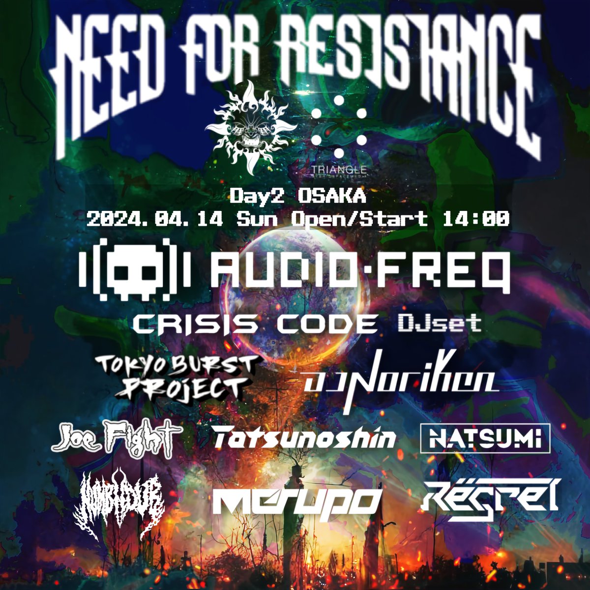 DJ_TAIYO's tweet photo. 【NEED FOR RESISTANCE 】
3年振りに開催決定！
東京&amp;大阪2Days

👾Audiofreq来日

✅早割1,000円

このアカウントをフォロー、このツイートをRT&amp;いいねした方の中から抽選で3名様を無料招待

チケットは2/3 20時発売(先着)ご購入はこちらから↓
https://t.co/M91oduOYiH

#NFR2024 https://t.co/Ut2TgXuc01