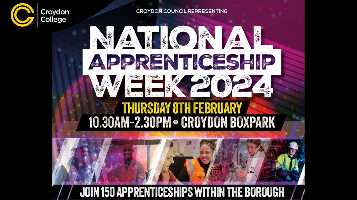 Come along to Croydon Councils National Apprenticeship Fair. Enjoy great music, refreshments & the opportunity to discover 150 apprenticeships within the borough📣 Thursday 8th Feb | 10.30am - 2.30pm | Croydon Boxpark #croydoncollege #croydoncouncil #apprenticeshipevent #joinus