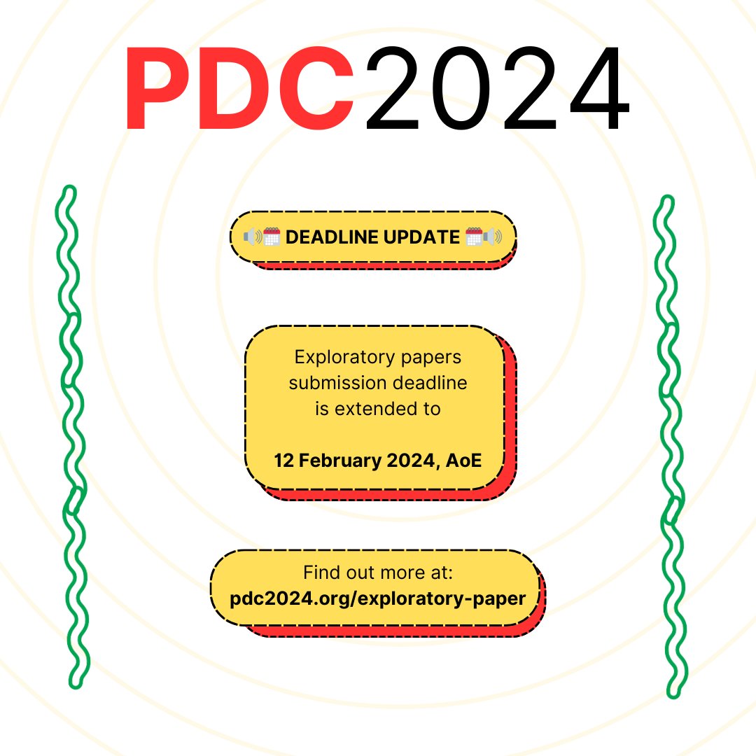 PDC_conference's tweet image. 🔊The submission deadline for PDC’s exploratory papers has been extended to February 12, 2024! 🗓️If you have been working on a paper, this is a great opportunity to refine your work and submit it for consideration. #pdc2024 #participatorydesign